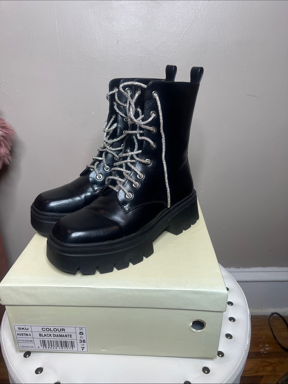 Black Diamante-Trim Combat Boots